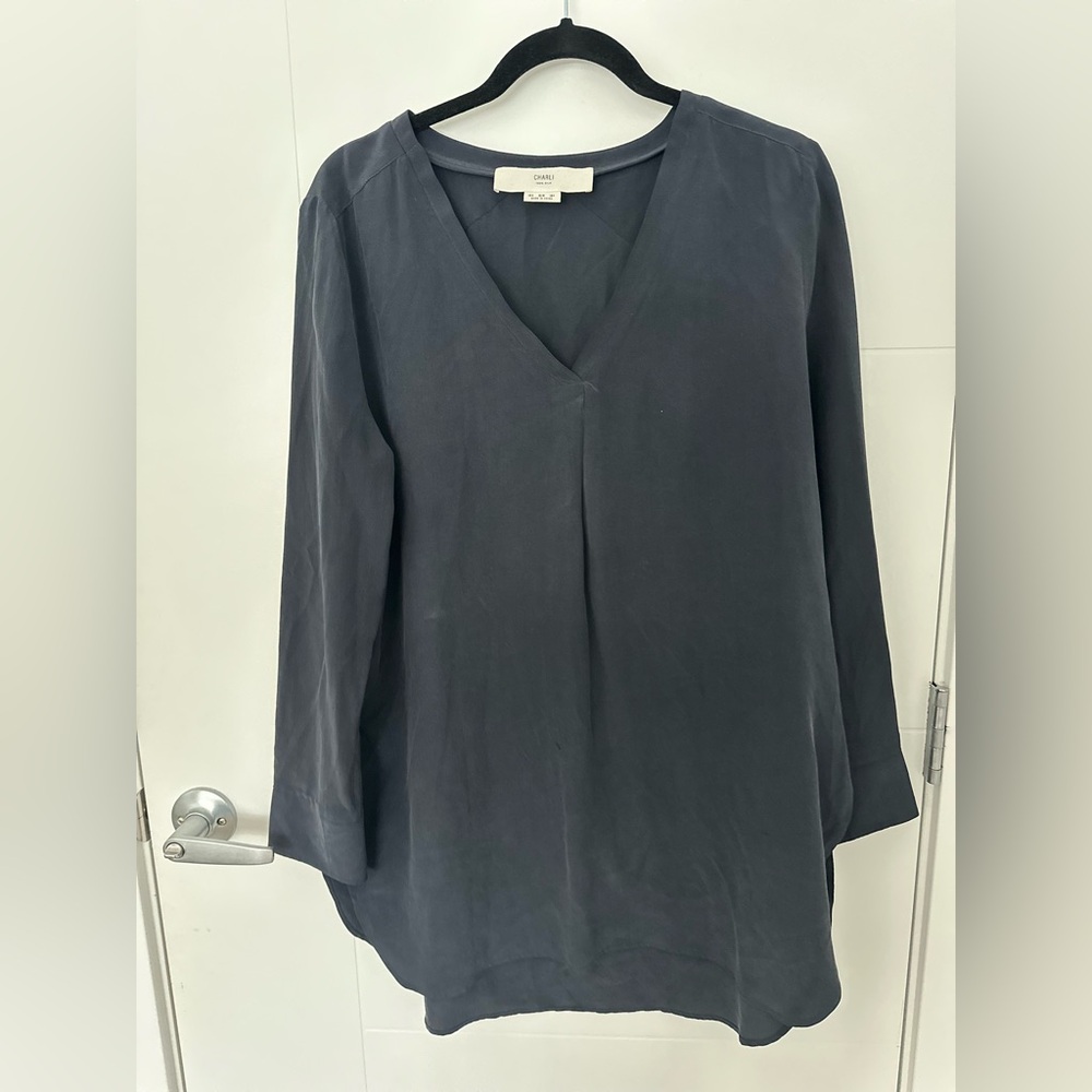 Charli 100% Silk Blouse Size 4 Gray V-Neck Minimalist Long Sleeve Luxury Top